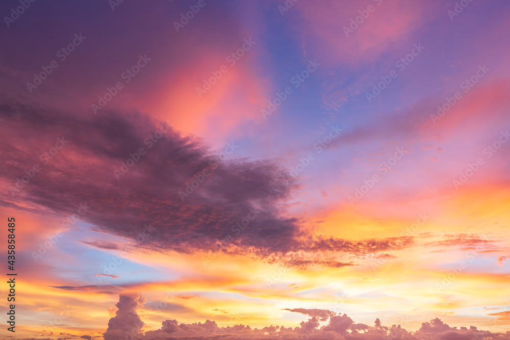 blue bright and orange yellow dramatic sunset sky in countryside texture background.