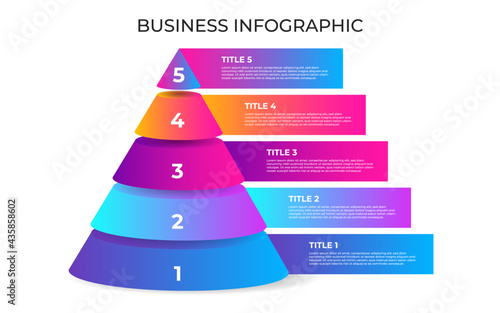 Business infographic element. 3D Triangle pyramid chart infographic with 5 option or step.