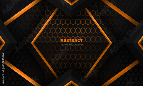 Futuristic black and orange abstract gaming banner design template with hexagon carbon fiber. Dark tech hexagonal concept vector background for game banner and cyber sport poster.
