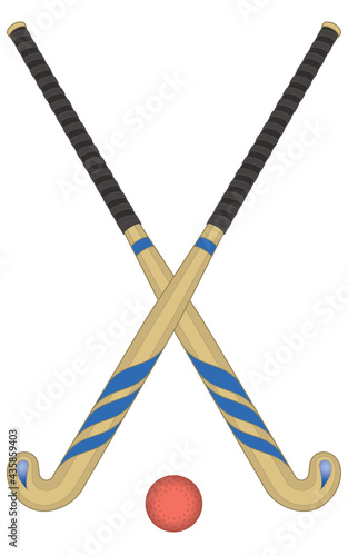 field hockey sticks wooden crossed with ball isolated on a white background