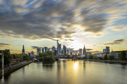 Cleane und moderne Frankfurter Skyline im Hintergrund im Kontrast zu nat  rlichen und organischen Elementen im Vordergrund