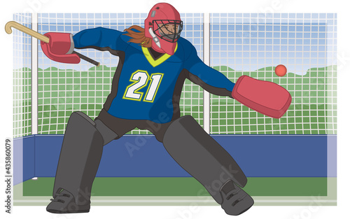 field hockey female goalkeeper goalie in blue uniform and red helmet, in front of net stopping ball with background