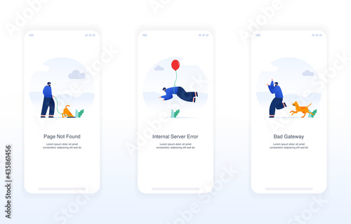 Illustration of error screens, handling exceptions, empty states. page not found error 404, internal server error 500, bad gateway error 502. Modern flat design concept ui ux.