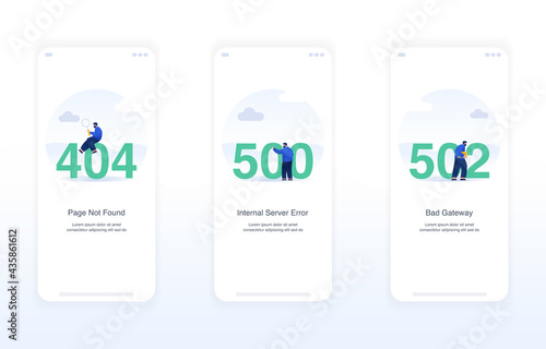 Illustration of error screens, handling exceptions, empty states. page not found error 404, internal server error 500, bad gateway error 502. Modern flat design concept ui ux.