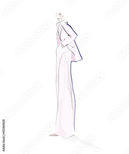 Young elegant woman in pantsuit. Fashion illustration in sketch style. Vector