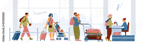 People With Suitcases And Bags Alone And With Children Waiting In Queue For Check In Airport. Flat Vector Illustration.