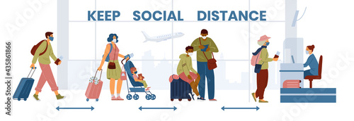 Keep Social Distance In Airport Banner With People Standing In Line For Check In Wearing Masks. Flat Vector Design.