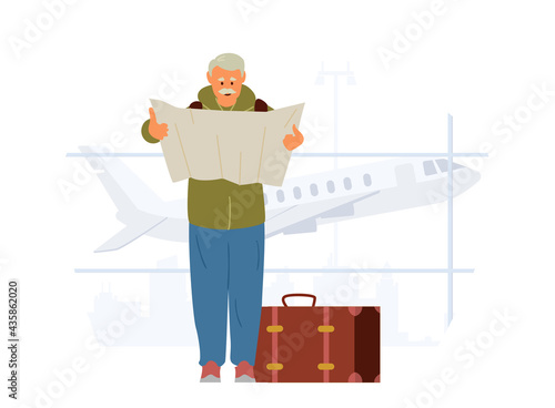 Elderly Man With Suitcase Holding Map Standing In Airport. Flat Vector Illustration.