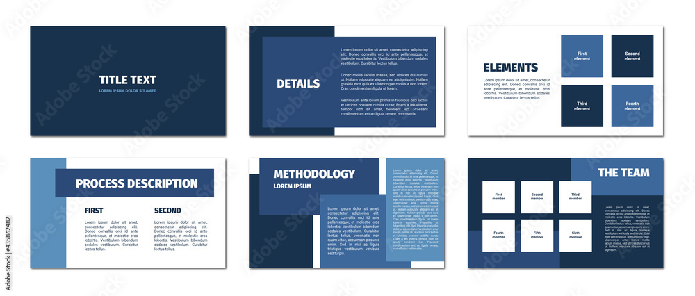 Obraz premium Presentation template. Blue rectangles flat design, white background. 6 slides. Title, details, elements, process description, methodology, team.