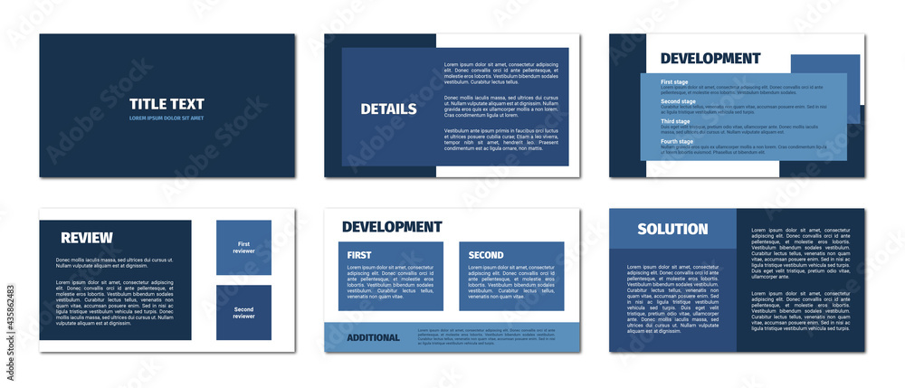 Presentation template. Blue rectangles flat design, white background. 6 slides. Title, details, development, review, solution.