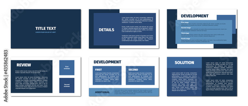 Presentation template. Blue rectangles flat design, white background. 6 slides. Title, details, development, review, solution.