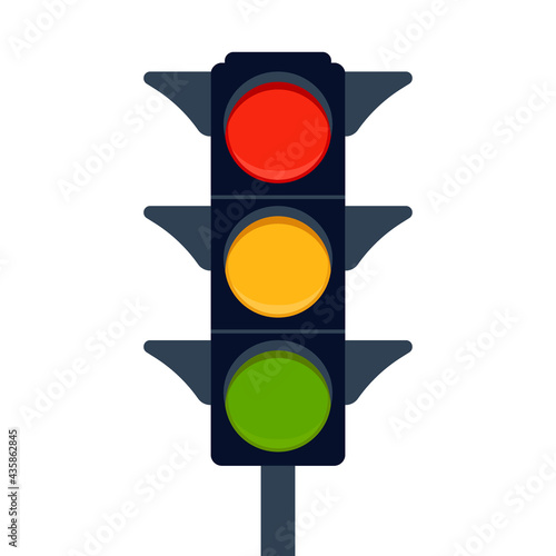 Signal electric traffic light on road, stoplight. Direction, control, regulation transport and pedestrian. Vector illustration