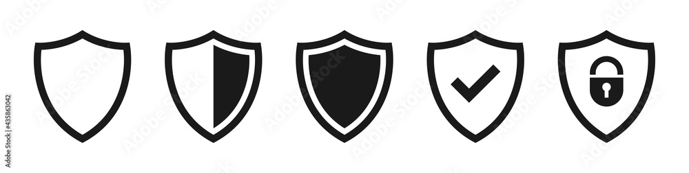 Shield black icons set. Shield symbols checkmark, padlock. Protection, secure, safety, locked concept. Isolated emblem signs on white background. Flat badge, insignia design. Vector illustration. Shield black icons set. Shield symbols checkmark, padlock. Protection, secure, safety, locked concept. Isolated emblem signs on white background. Flat badge, insignia design. Vector illustration.