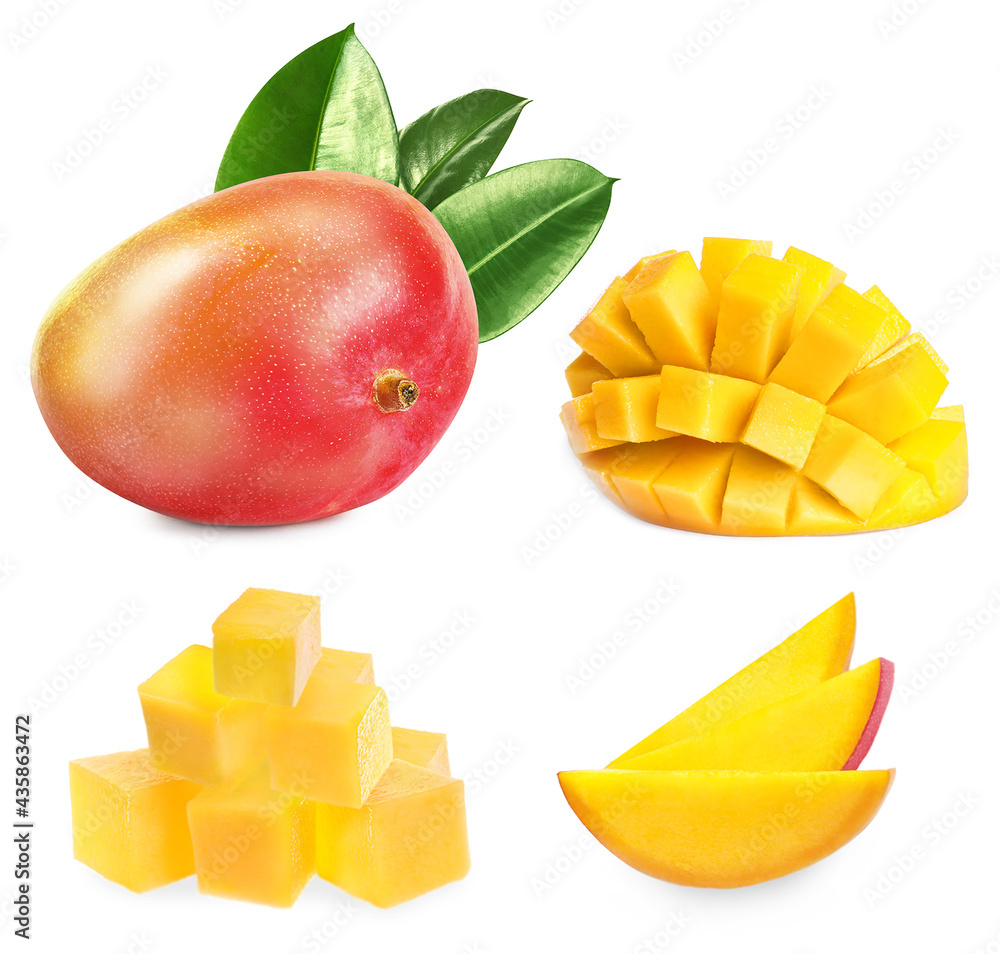 Set with delicious ripe mangos on white background Set with delicious ripe mangos on white background