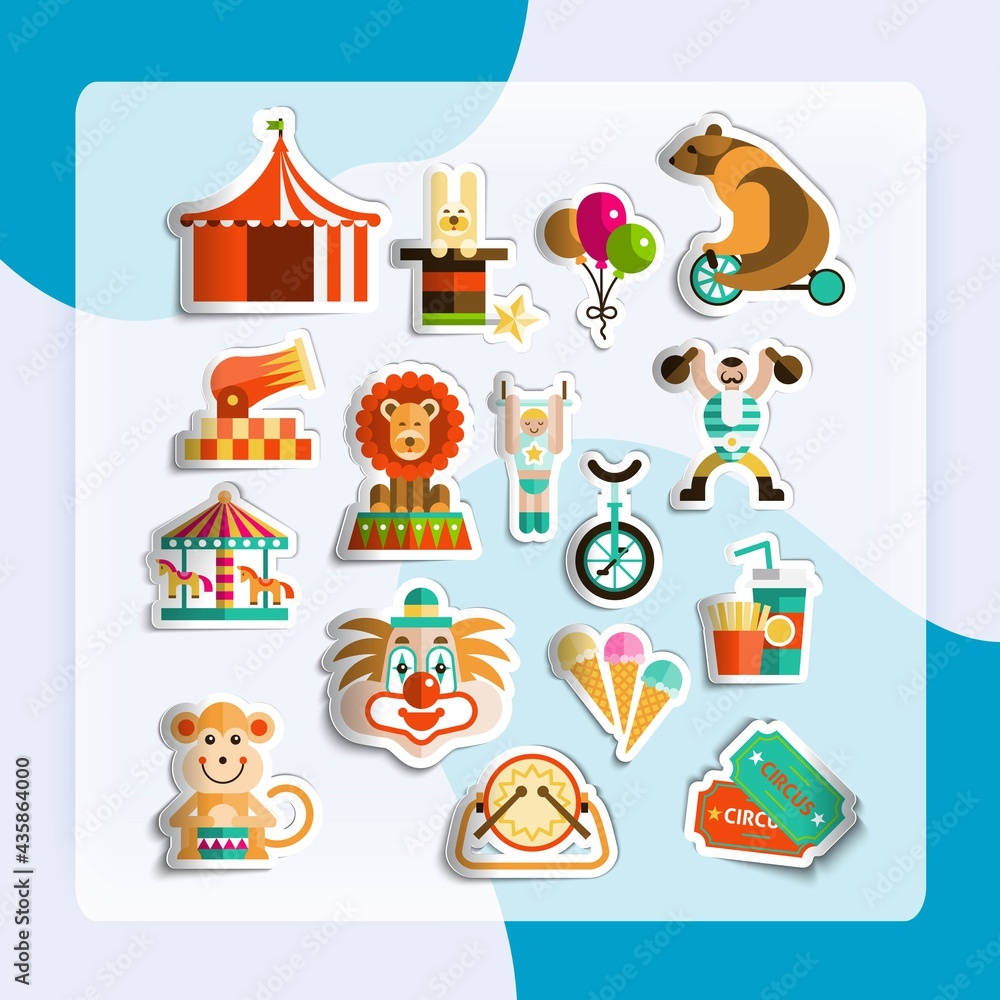 Circus entertainment paper stickers set with tickets lion icecream isolated vector illustration Circus entertainment paper stickers set with tickets lion icecream isolated vector illustration