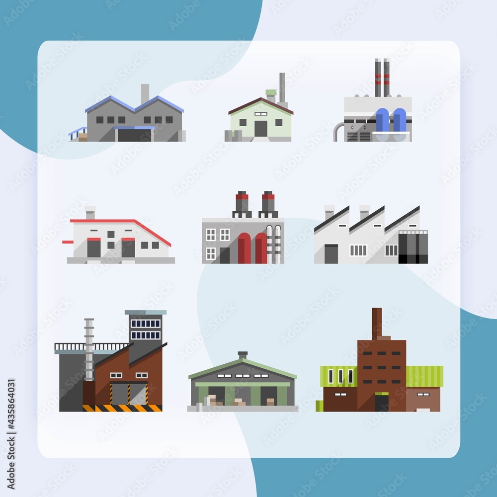 Factory power electricity industry manufactory buildings flat decorative icons set isolated vector illustration