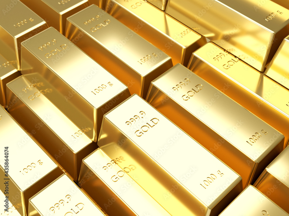 3D render close up of multiple 1000 gram gold bars 3D render close up of multiple 1000 gram gold bars