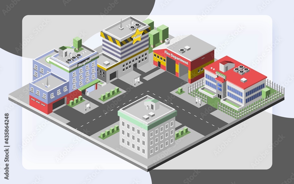Isometric town concept with government buildings set of hospital police fire station vector illustration