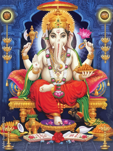 Canvas Print seated throne  Ganesha hindu lord faith mythology  illustration