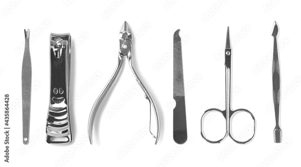 Manicure set on white background, top view Manicure set on white background, top view