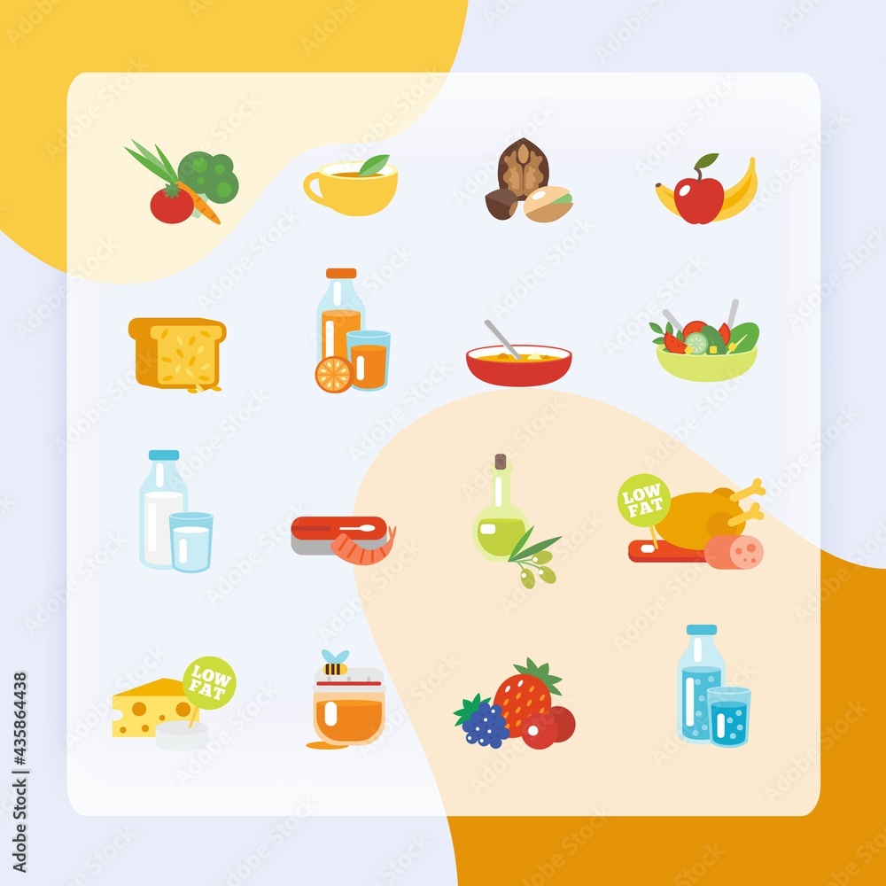 Healthy eating flat icons set with fruits nuts tea vegetables isolated vector illustration Healthy eating flat icons set with fruits nuts tea vegetables isolated vector illustration