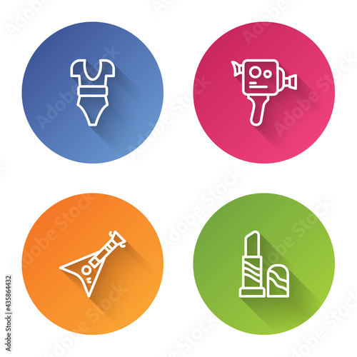 Set line Swimsuit, Retro cinema camera, Electric bass guitar and Lipstick. Color circle button. Vector