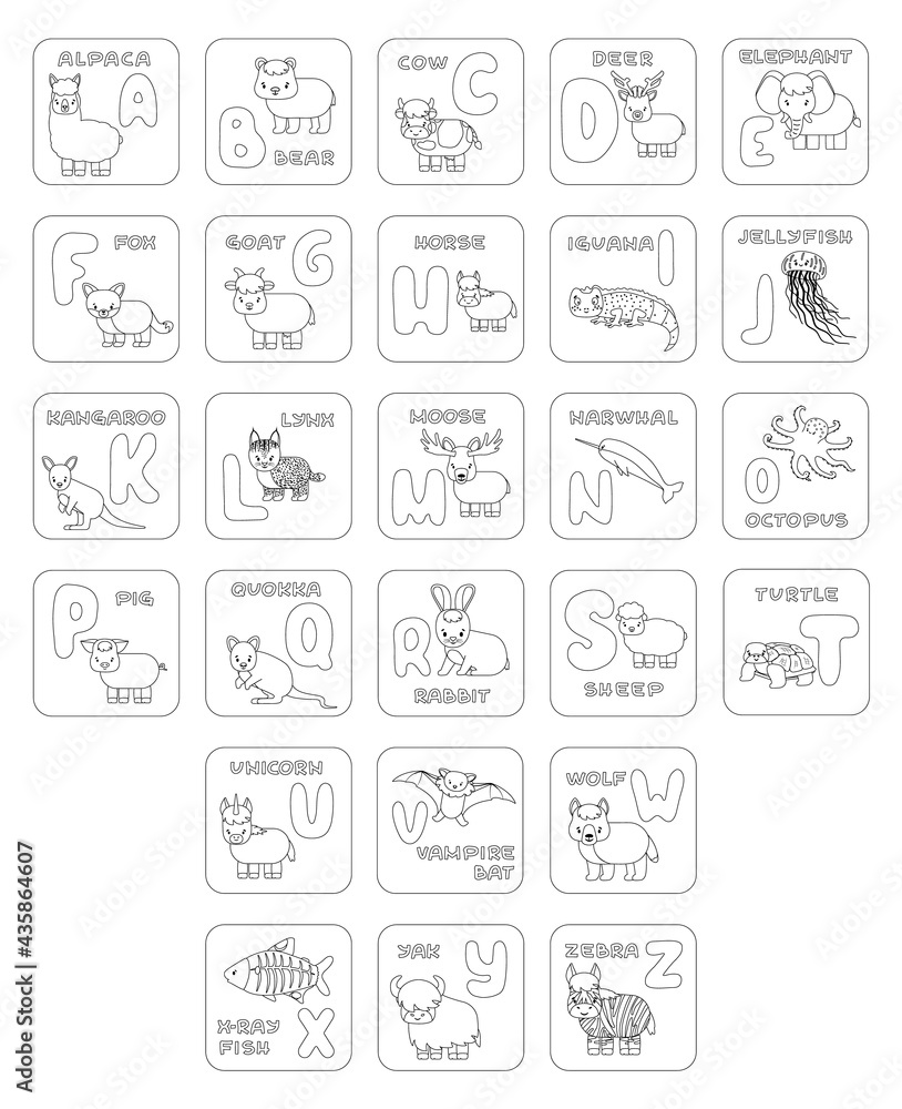 Set of black white ABC cards with pictures. Vector outline Illustration for children school textbook. Alpaca bear cow deer elephant fox goat horse iguana jellyfish kangaroo lynx moose octopus pig