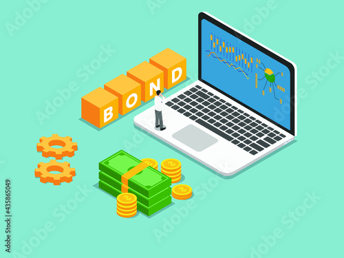 Corpaorate bonds vector concept. Businessman looking at corporate bond statistics graph on the laptop computer