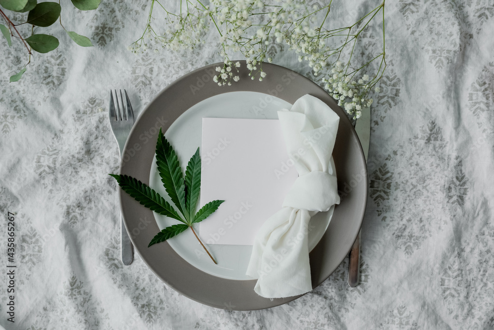 Cannabis friendly dinner concept. Beautiful dinner setup with marijuana ...