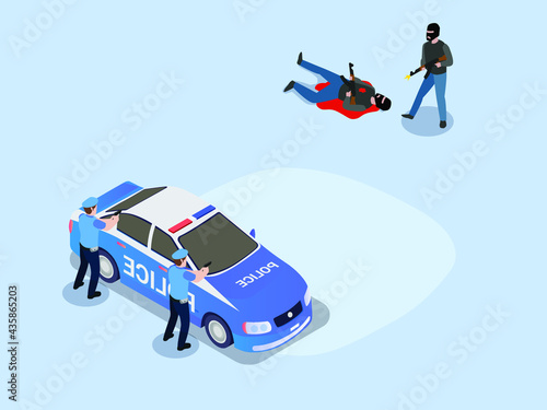 Terrorist isometric vector concept. Police are fighting with terrorist using handgun