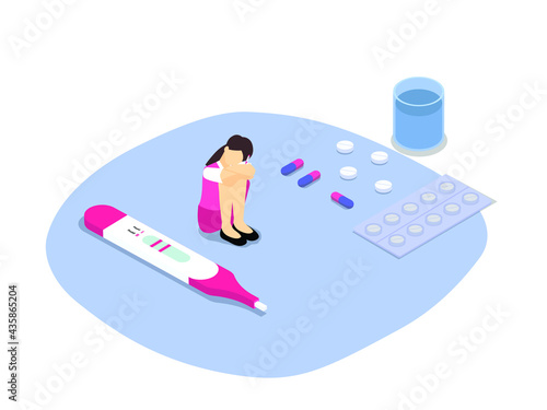 Teen pregnancy isometric vector concept. Sad pregnant teenage girl with positive pregnancy test pack and abortion drugs photo