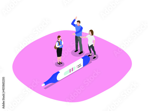 Teen pregnancy isometric vector concept. Pregnant teenage girl with pregnancy test pack getting scolded by parents