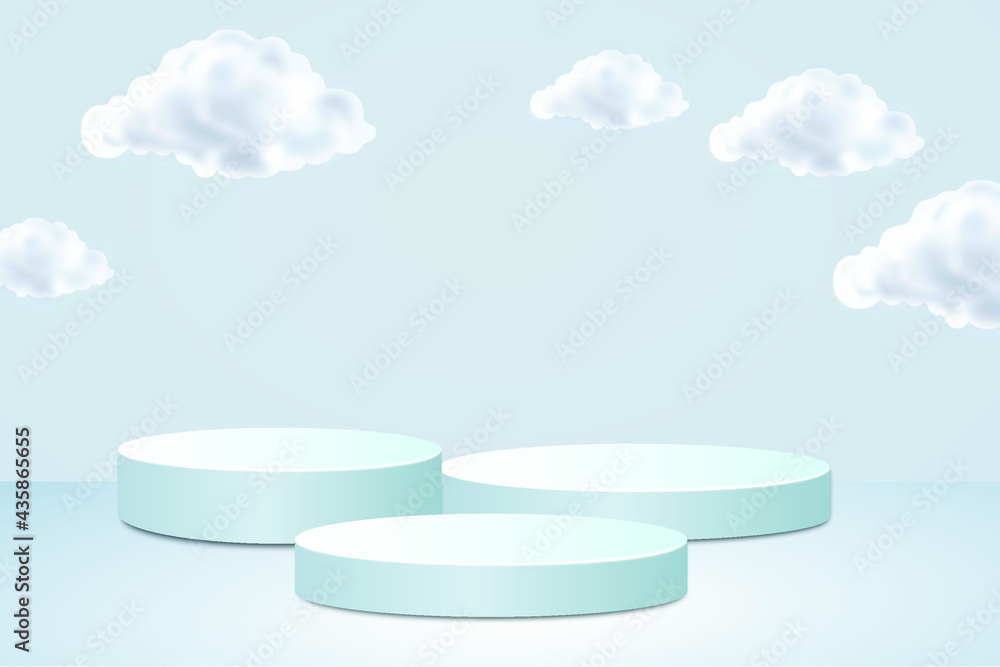 Blue 3d rendering vector background with podium and minimal blue summer stage with leaves stage background 3d rendering of clouds and clouds in the background. Blue 3d rendering vector background with podium and minimal blue summer stage with leaves stage background 3d rendering of clouds and clouds in the background.