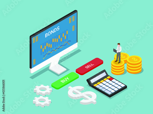 Corporate bonds vector concept. Businessman buy and sell corporate bonds on computer monitor