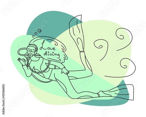 A girl diver in a mask and fins, in a suit shows the Okay sign on abstract shapes. Lettering Love diving. Vector illustration for printing on a t-shirt, package, banner, diving advertising, for sea