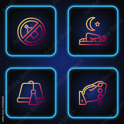 Set line Hands in praying position, Turkish hat, No alcohol and Muslim man prays. Gradient color icons. Vector