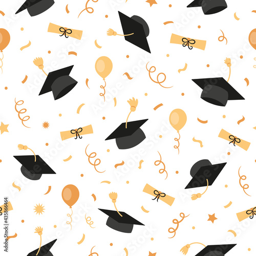 Graduation black caps with tassels, diplomas, certificates, balloons, confetti, seamless pattern, background, wallpaper, education.