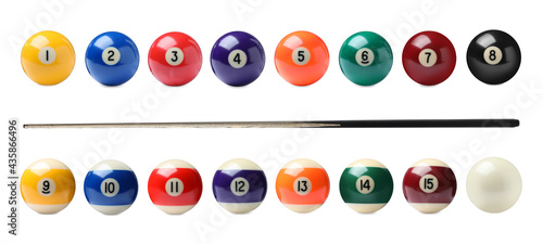 Set with billiard balls and wooden cue on white background. Banner design photo