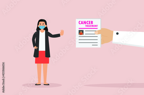Rejection vector concept: Female patient rejecting cancer treatment from doctor while wearing face mask in new normal