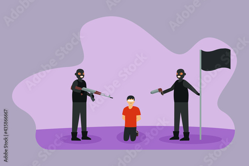 Terrorist vector concept: Group of terrorists point the gun at the victim while holding black flag
