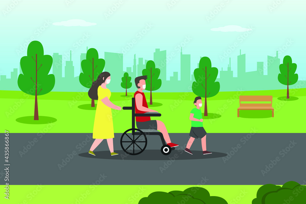 Disabled people vector concept: Little boy walking in the park with disable father and mother while wearing face mask in new normal