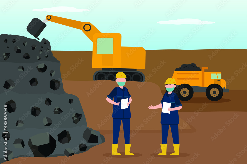 Coal vector concept. Mining worker discussing at coal mining site Coal vector concept. Mining worker discussing at coal mining site