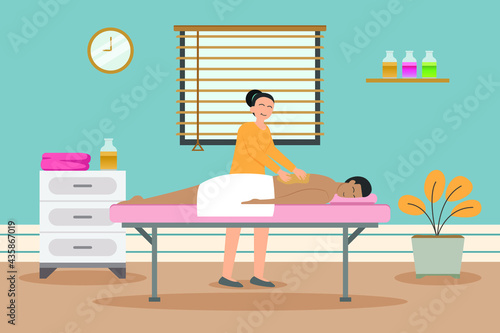 Spa or Massage vector concept. Masseur massaging young man lying on massage table