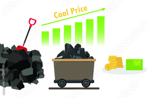 Coal price vector concept. Mining cart with coal, coal price graph and money