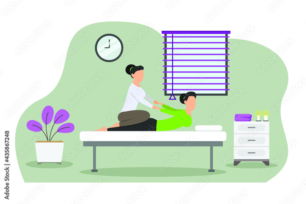 Spa or Massage vector concept. Woman having massage treatment by professional therapist in the clinic