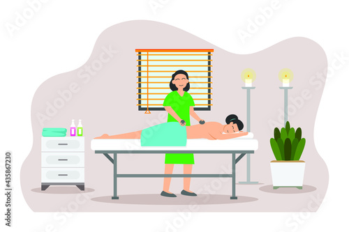 Spa or Massage vector concept. Young woman getting spa stone treatment by professional therapist