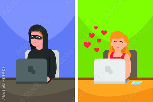 Online dating scams vector concept: Young woman online dating with cheater man while using laptop