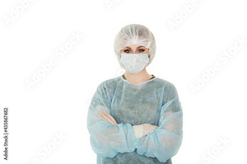 beautiful young woman in medical uniform on white background isolated