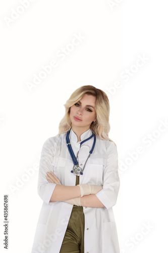 beautiful young woman in medical uniform on white background isolated