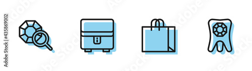Set line Shopping bag jewelry, Gem stone, Jewelry box and Tooth with diamond icon. Vector